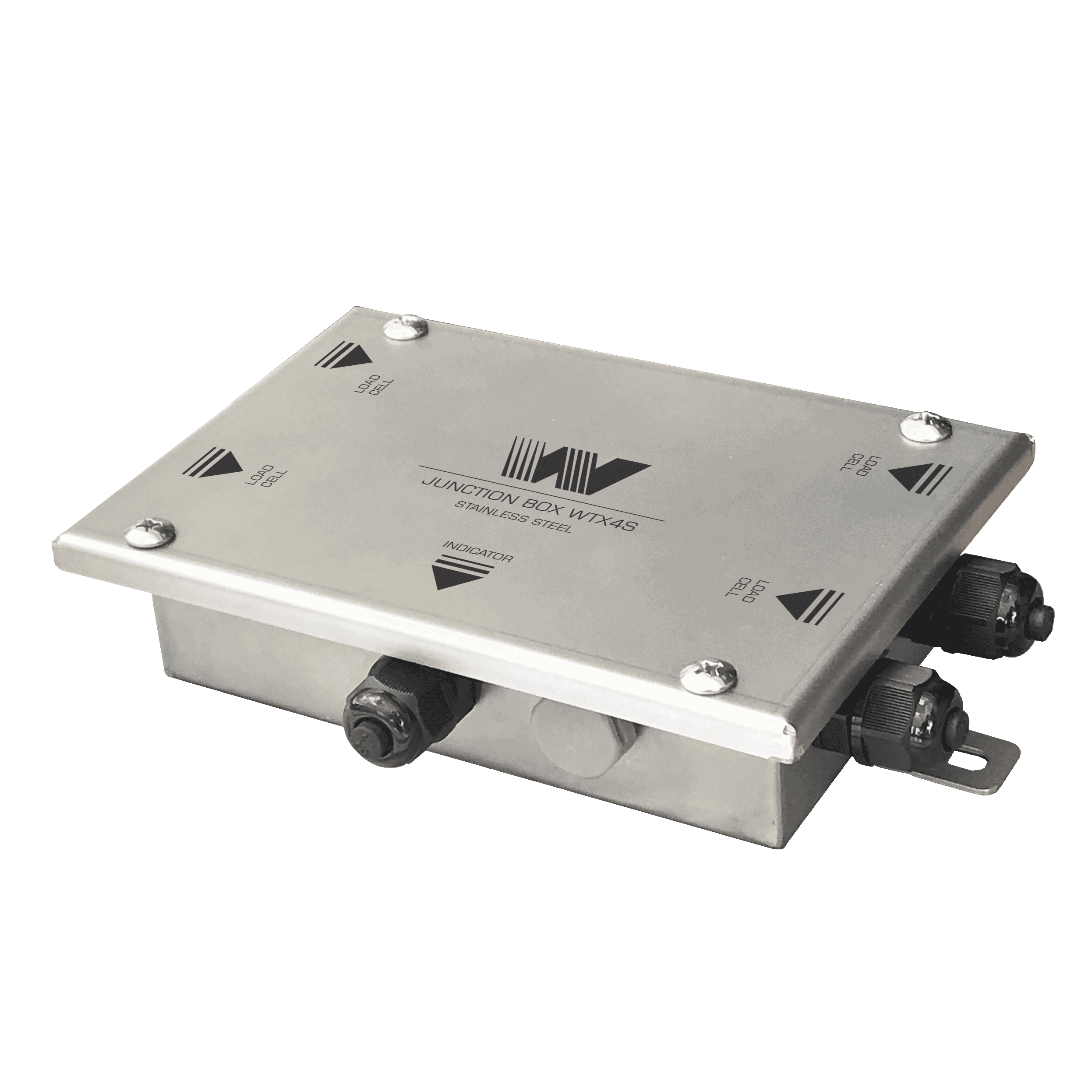 Stainless steel junction box for four load cells, with sealed cable glands on its sides