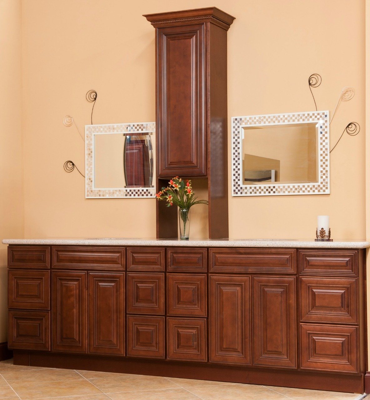 WoodCabinets4Less.com, Geneva Chestnut Solid Birch Bath Cabinets Shown With Countertop Cabinet