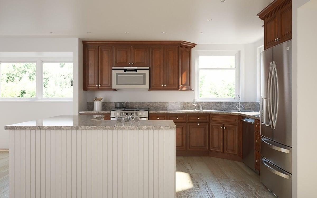 WoodCabinets4Less.com, Geneva Chestnut Solid Birch Kitchen Cabinets Shown With Geneva Antique White Bead Board Island View 2