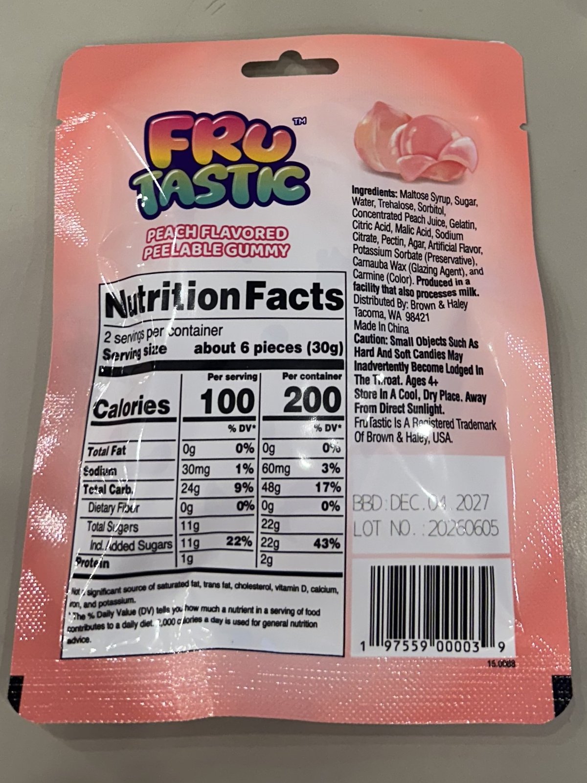 FruTastic Peelable Gummy Peach 2.1oz (60g)