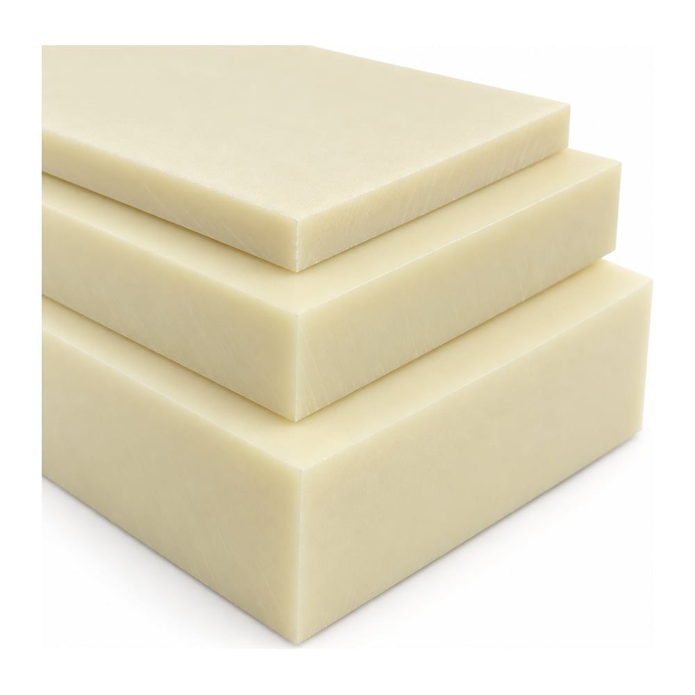Natural off-white ABS plastic plate stock stacked in three thicknesses on a white background