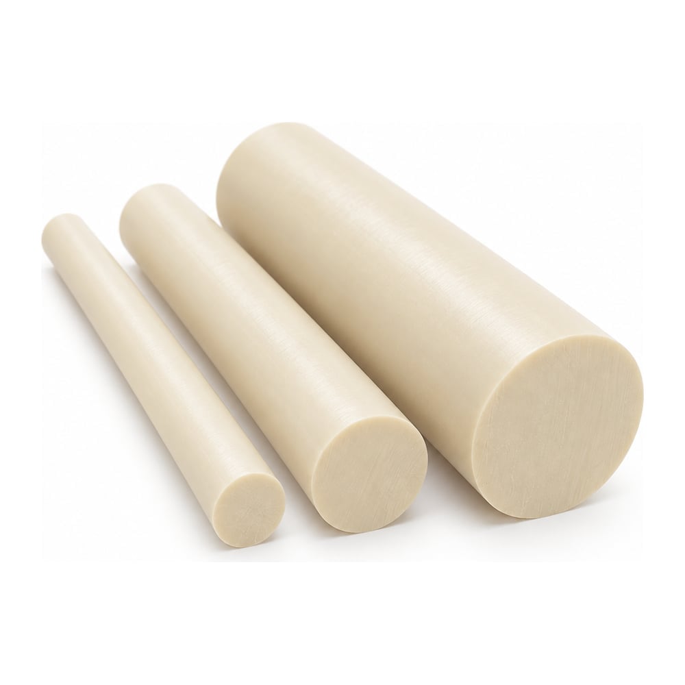 Natural off-white ABS plastic round rods in three diameters with cut ends, on white background
