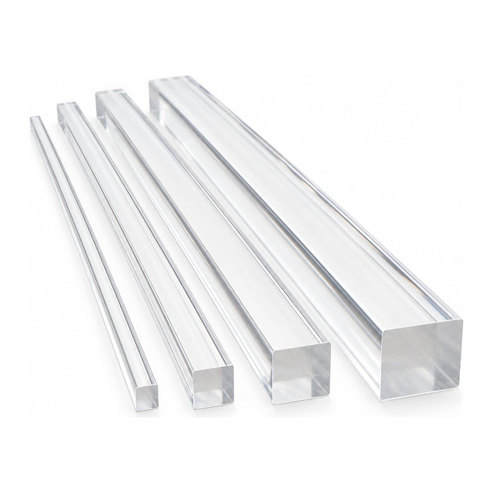 Clear extruded acrylic square rods in five sizes lined up side by side on a white background