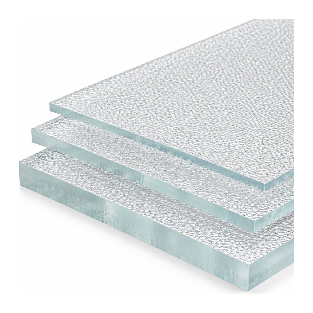 Clear acrylic DP30 stippled light diffuser sheets in two thicknesses stacked on white background
