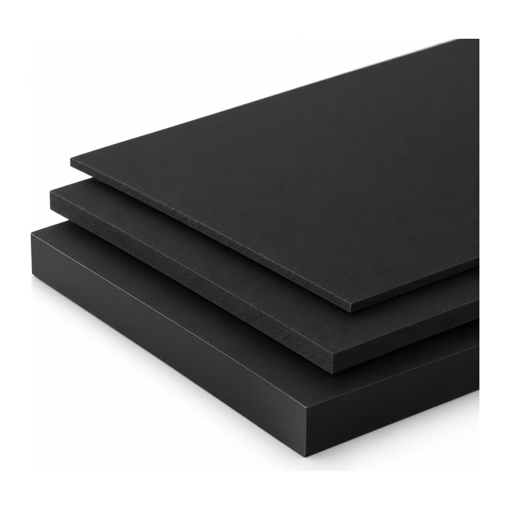 Black matte P95 acrylic sheets stacked in three thicknesses showing cut edges on white background