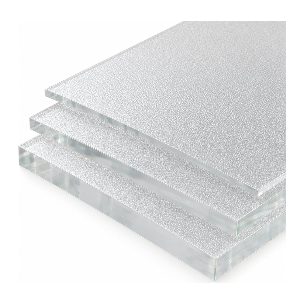Clear frosted P95 patterned acrylic sheets stacked in five thicknesses on white background