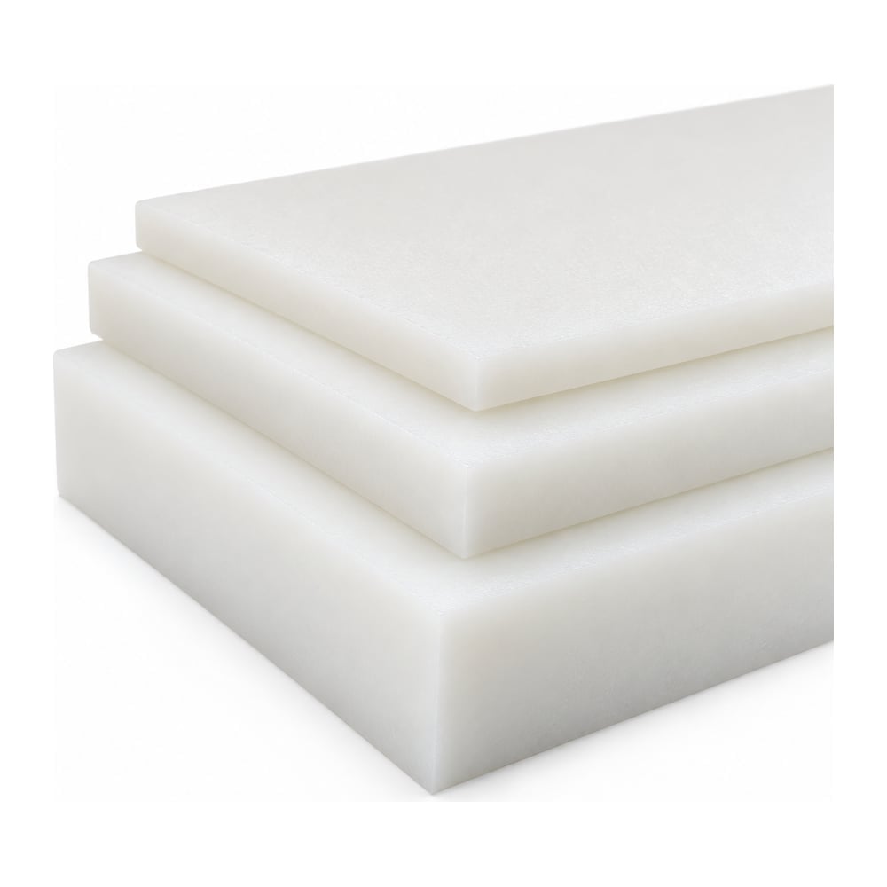 Natural white HDPE cutting board sheets stacked in three thicknesses on white background