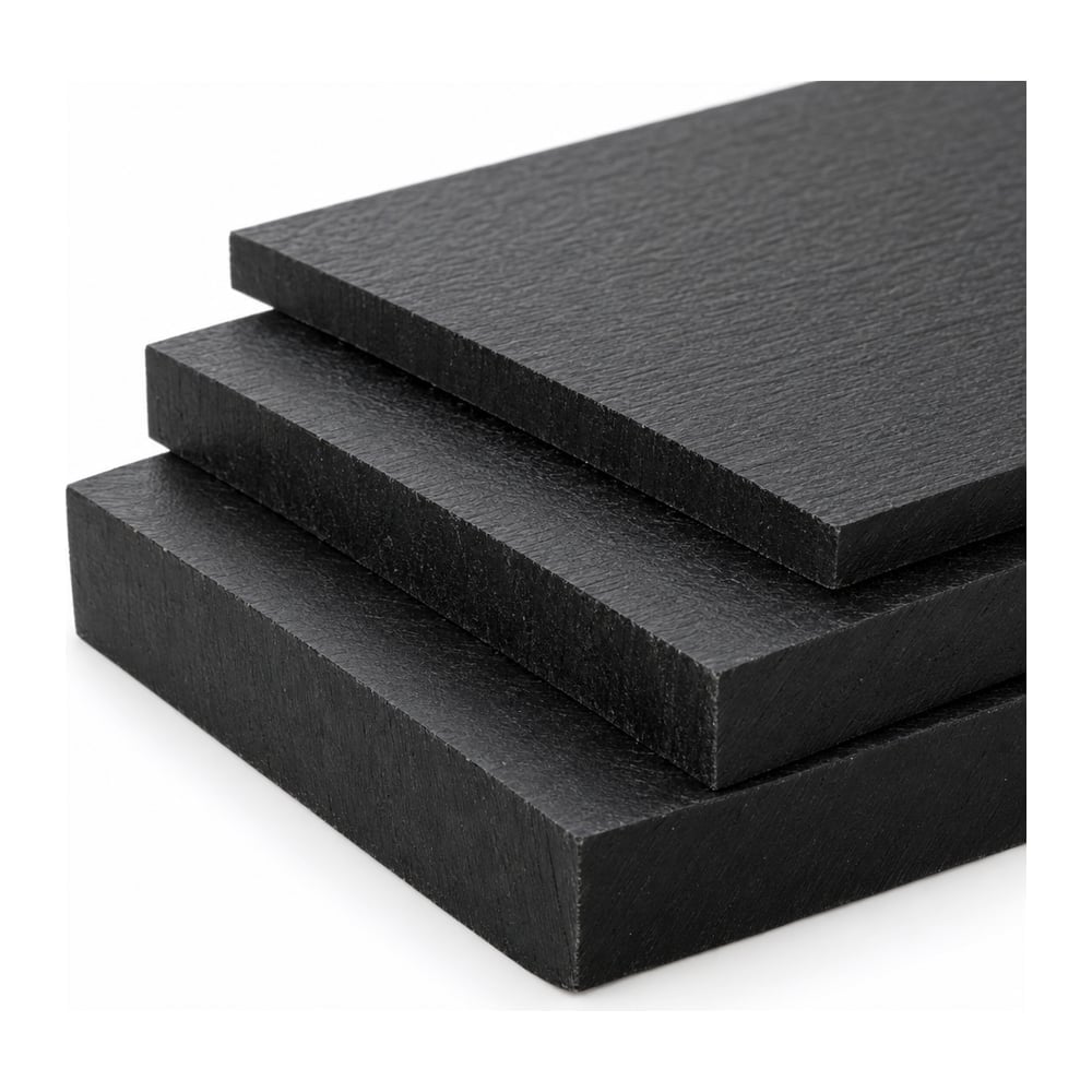 Black textured marine HDPE sheets stacked in three thicknesses showing cut edges on white background