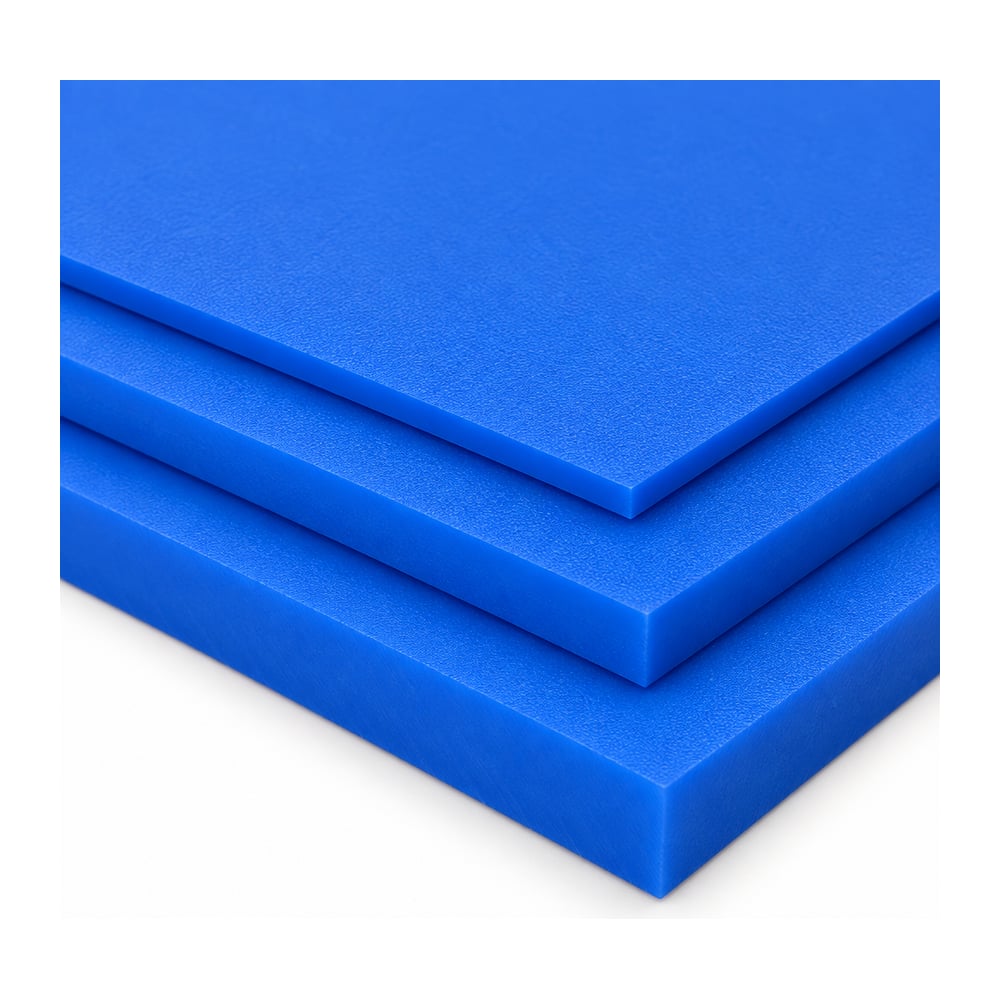 Blue HDPE plastic sheets with matte finish stacked in three thicknesses on white background
