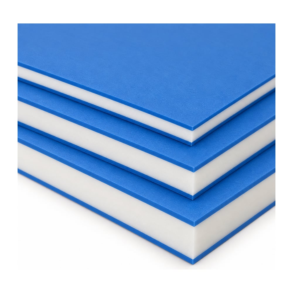 Blue and white multilayer engravable HDPE sheets stacked in three thicknesses showing edge layers