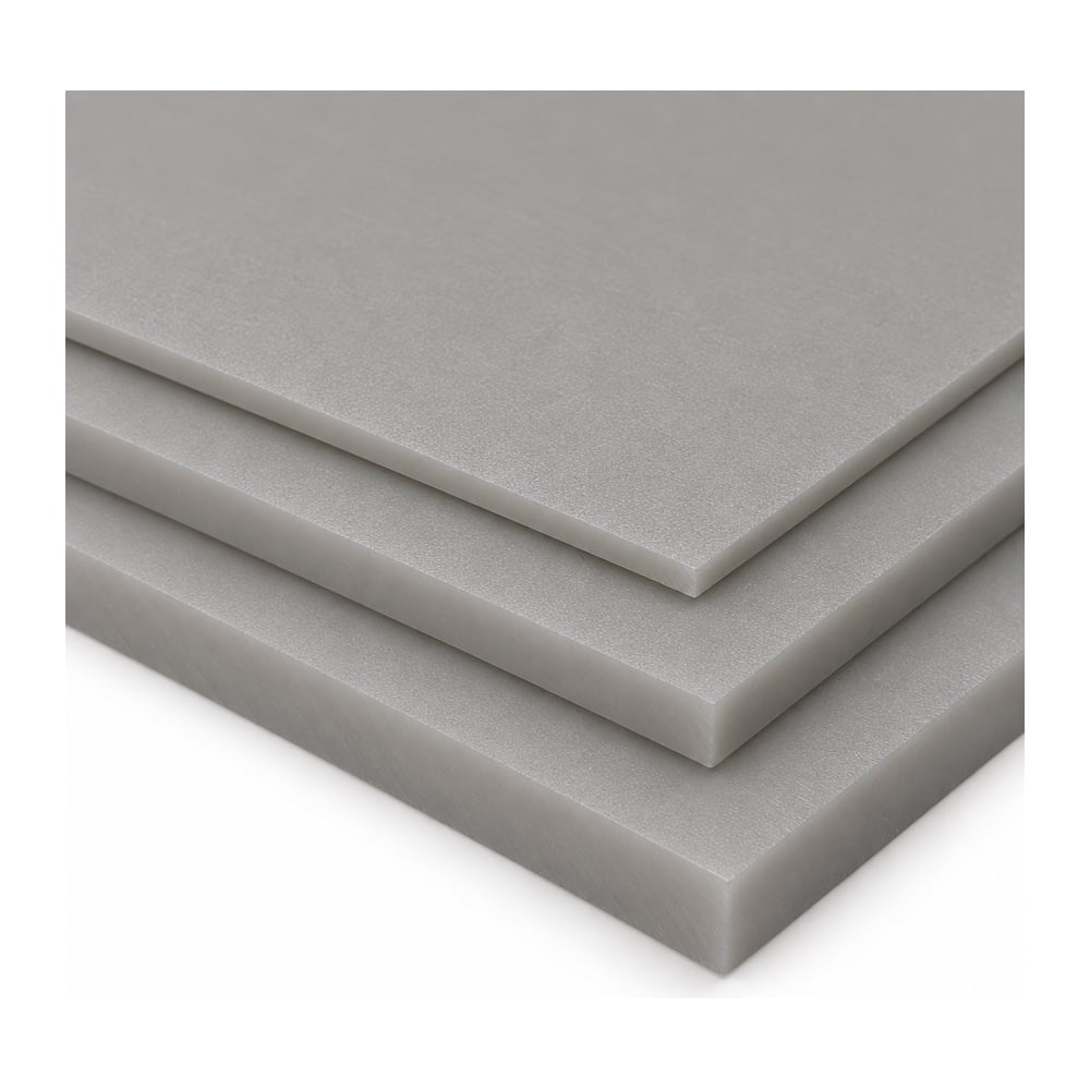 Dolphin gray HDPE sheets with matte textured surface stacked in three thicknesses on white background