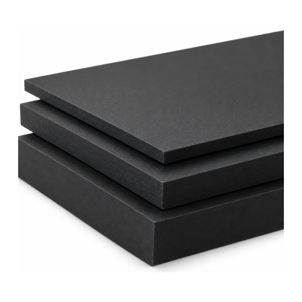 Black matte HDPE sheets stacked in three thicknesses showing cut edges on white background