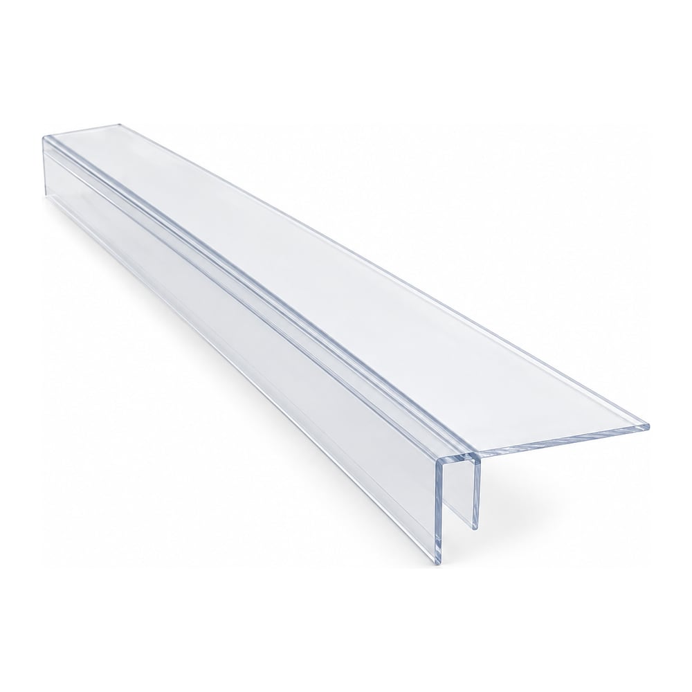 Clear polycarbonate F-profile flashing extrusion, short cut length with downturned channel, on white