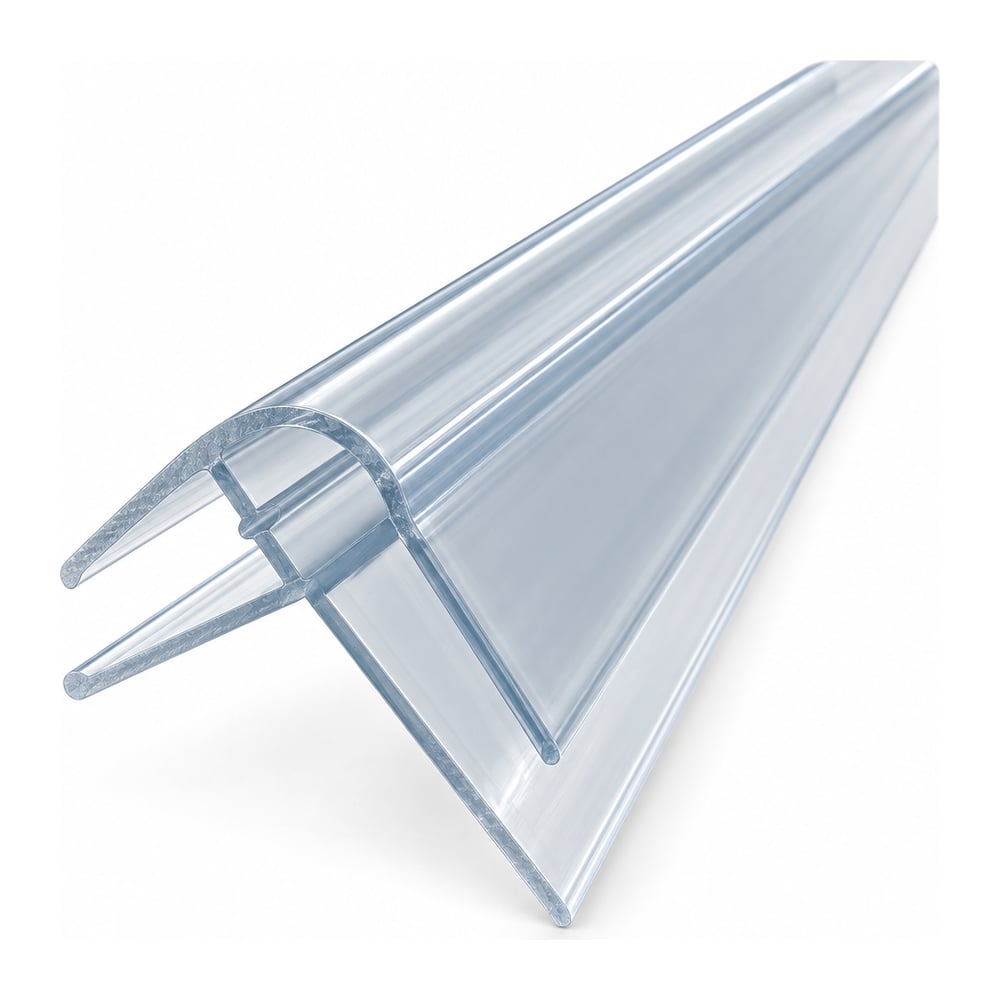 Clear polycarbonate 90-degree corner profile with snap channels on each leg, short cut length on white