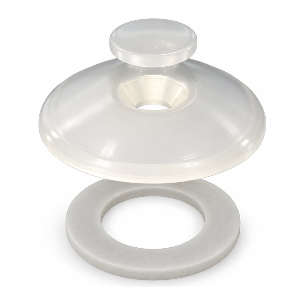 Translucent white polycarbonate cap washer with soft gray sealing gasket ring on white background