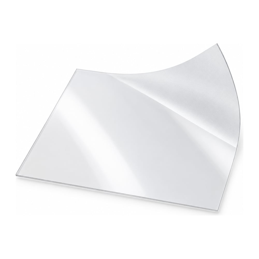 Clear polycarbonate film sheet with polished gloss face and matte velvet back, corner lifted, on white