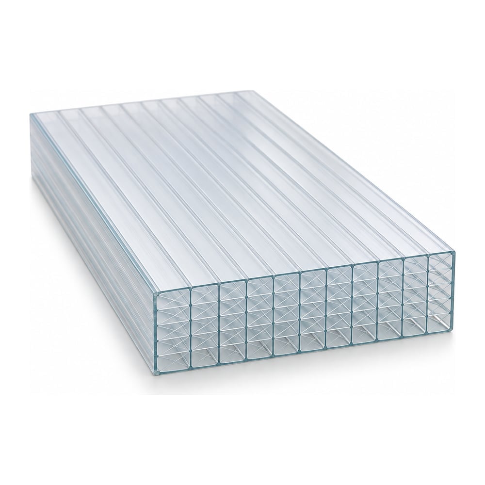 Clear 25mm 11-wall polycarbonate multiwall sheet angled to show ribbed cellular edge, white background