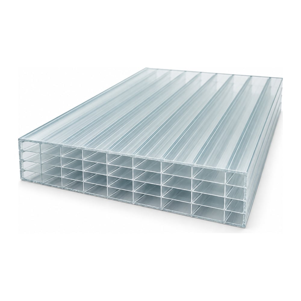 Clear 25mm 6-wall polycarbonate multiwall sheet angled to show hollow ribbed channels at cut edge
