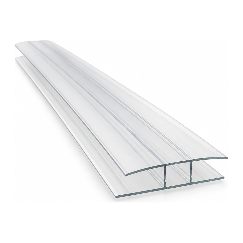 Clear polycarbonate H connector profile for 10mm multiwall panels, cut end showing H cross section