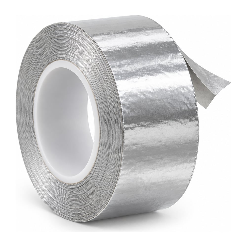 Roll of 2-inch wide silver aluminum foil closure tape on white plastic core, white background