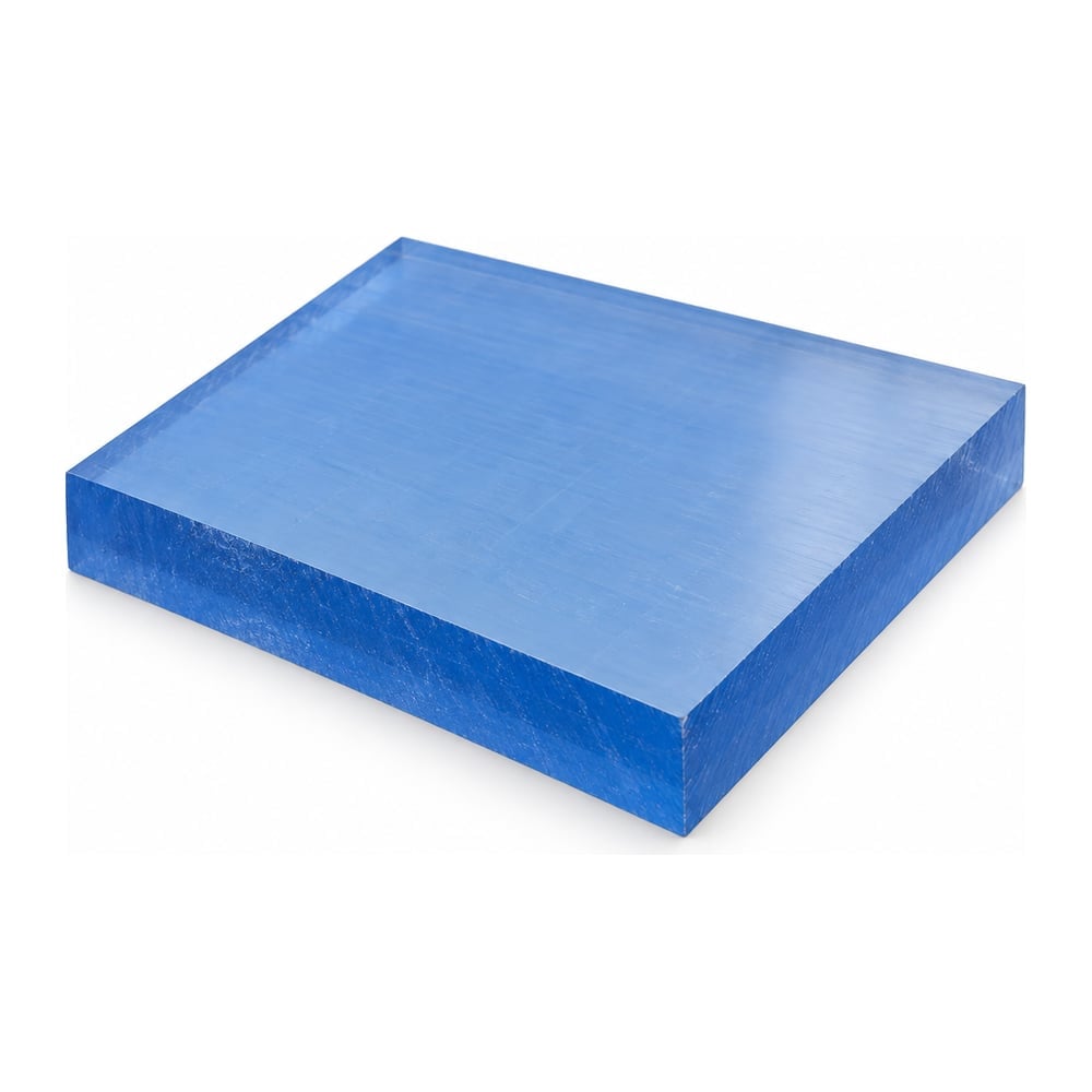 Transparent blue polycarbonate machine grade plate with mill finish and cut edges on white background