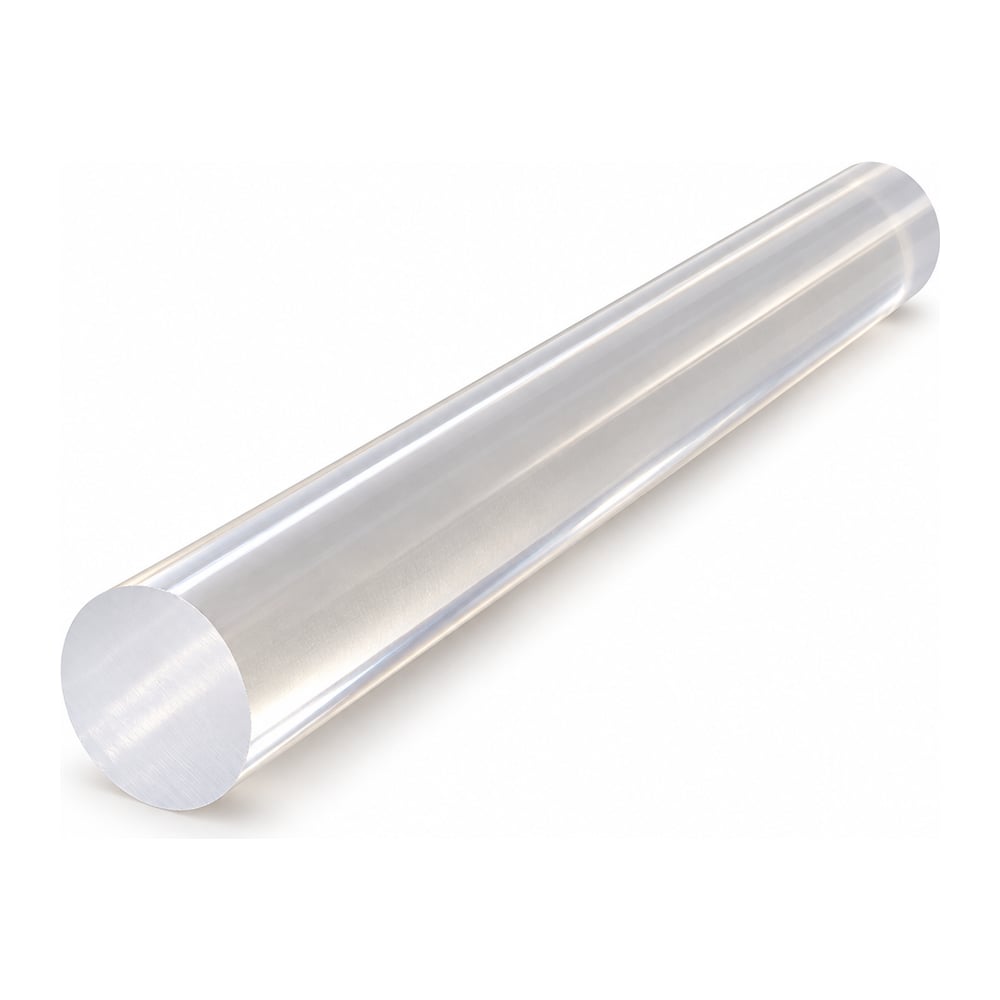 Natural translucent polycarbonate round rod with glossy surface and cut end face on white background