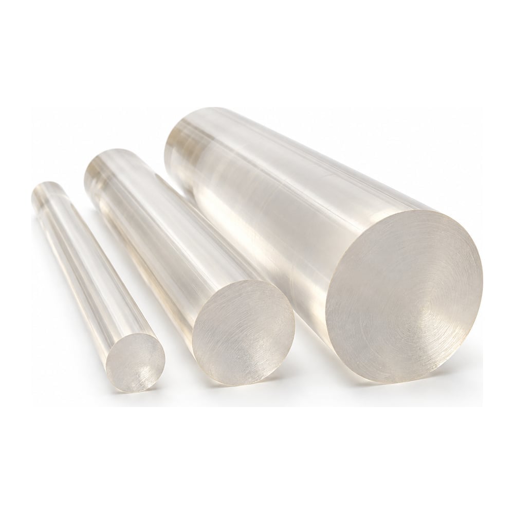 Clear natural polycarbonate round rods in three diameters with cut ends facing forward on white background