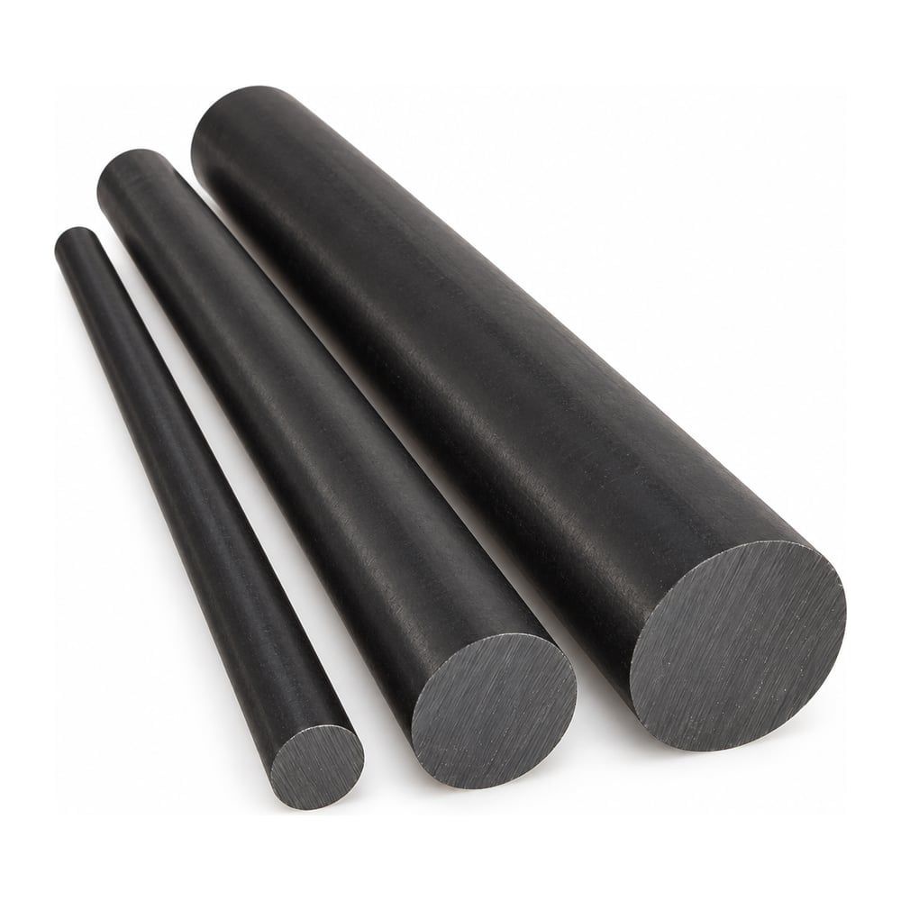 Black polycarbonate machine grade round rods in three diameters with matte mill finish on white