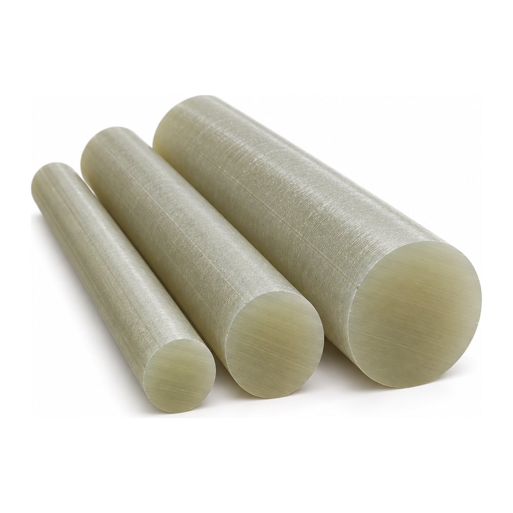 Natural glass-filled polycarbonate round rods in three diameters with cut ends on white background
