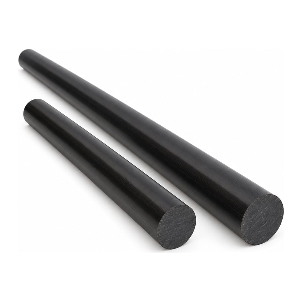 Black glass-filled polycarbonate extruded rods in two lengths with cut ends facing forward on white