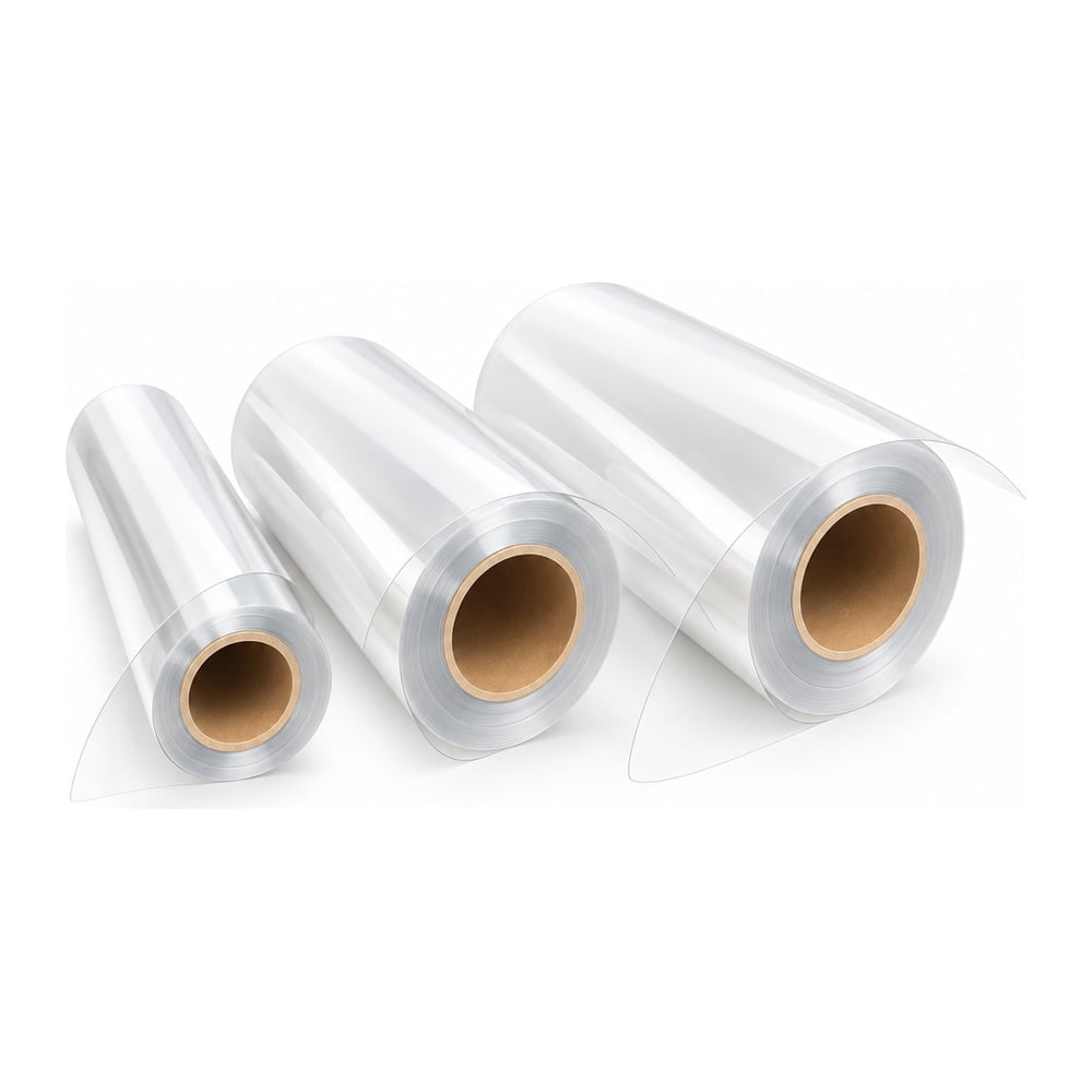 Clear polycarbonate film roll stock in three roll widths, glossy transparent, on white background
