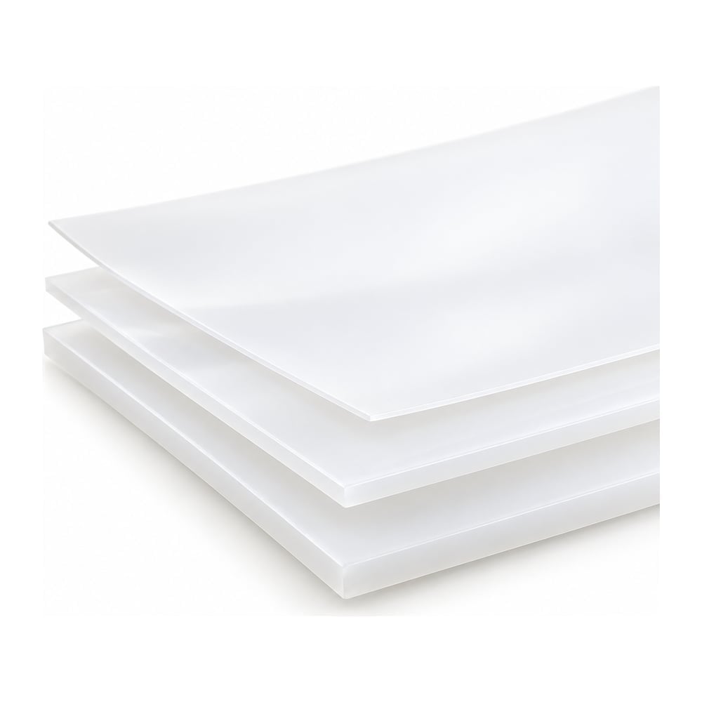 Translucent white polycarbonate roll stock sheets stacked in three widths and gauges on white background