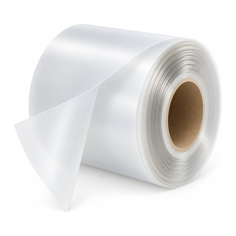 Translucent white polycarbonate film roll on cardboard core with curled free edge, white background