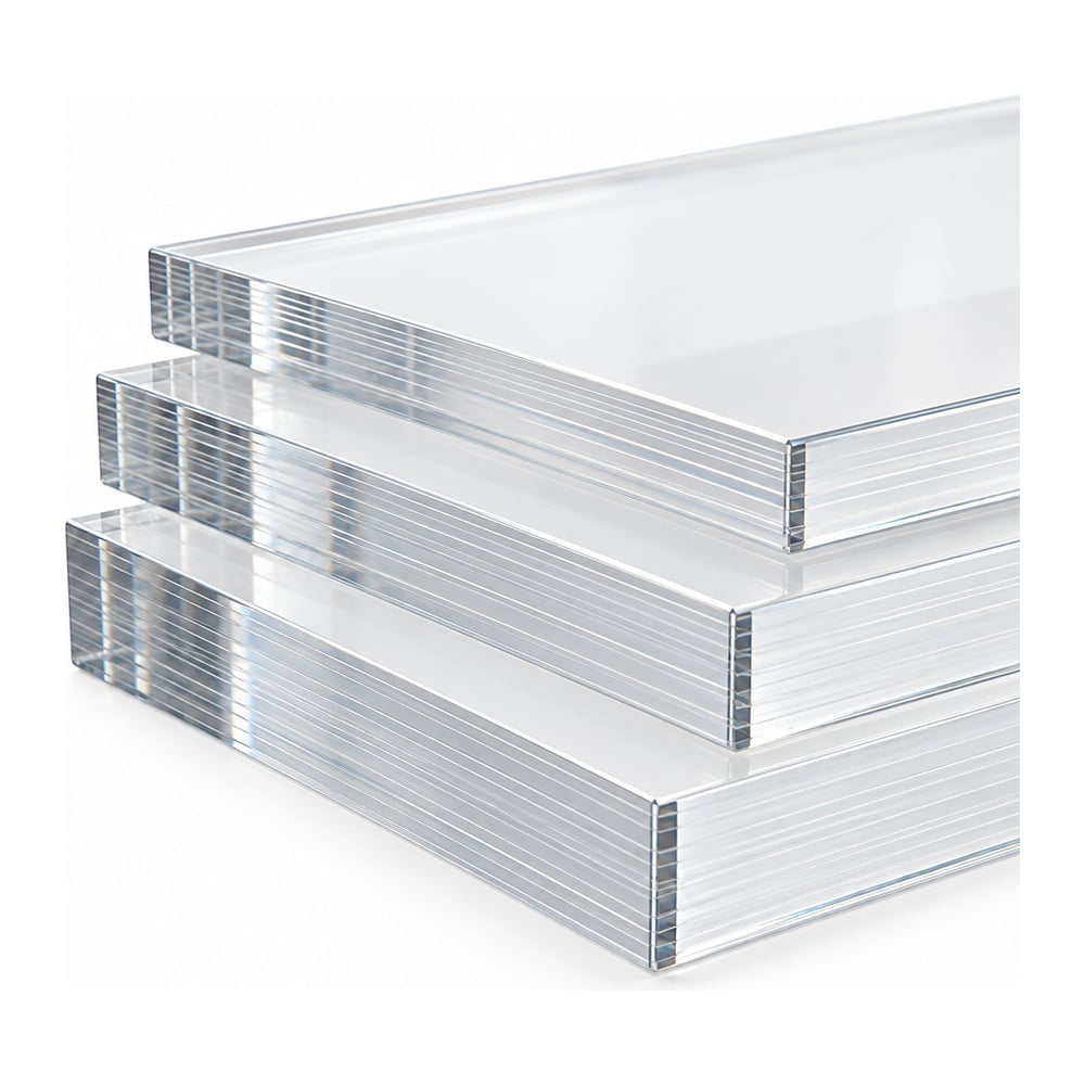 Clear bullet resistant laminated polycarbonate sheets stacked in three thicknesses showing layered edges