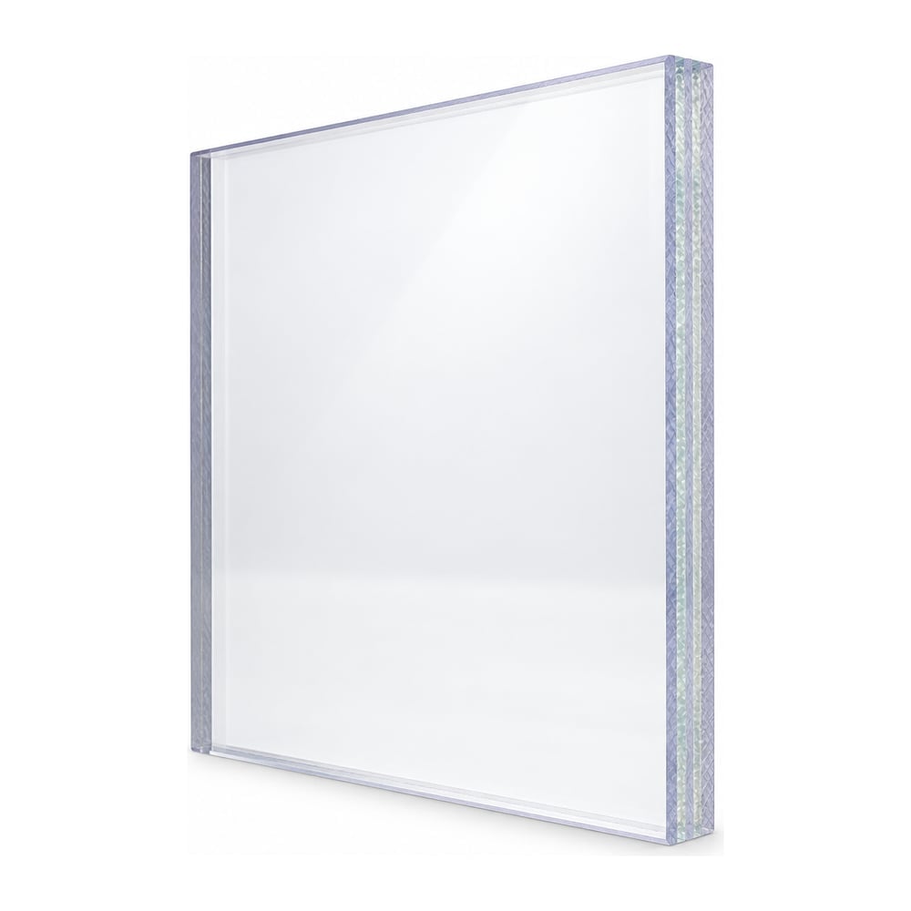 Clear laminated polycarbonate containment glazing sheet angled to show thick multi-ply edge