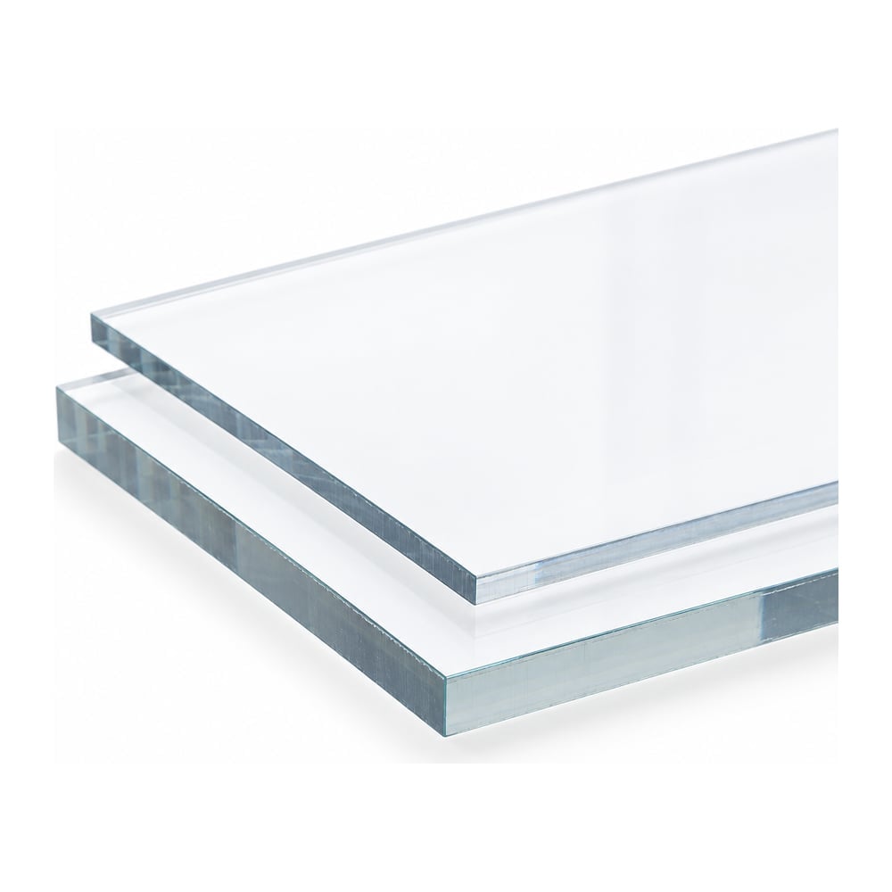 Clear polycarbonate flame inhibited sheets in two thicknesses stacked on white background
