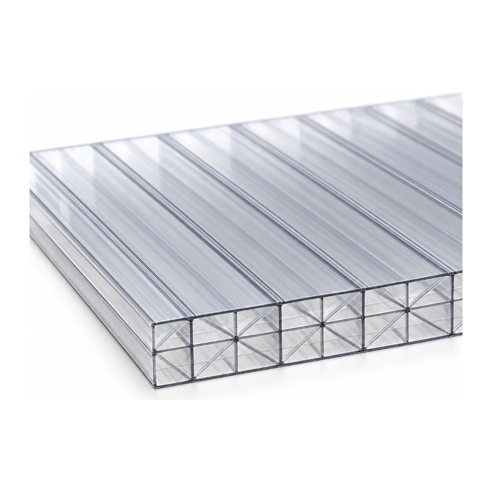 Clear five-wall polycarbonate multiwall sheet with diagonal X-truss ribs and triangular cells, angled edge view