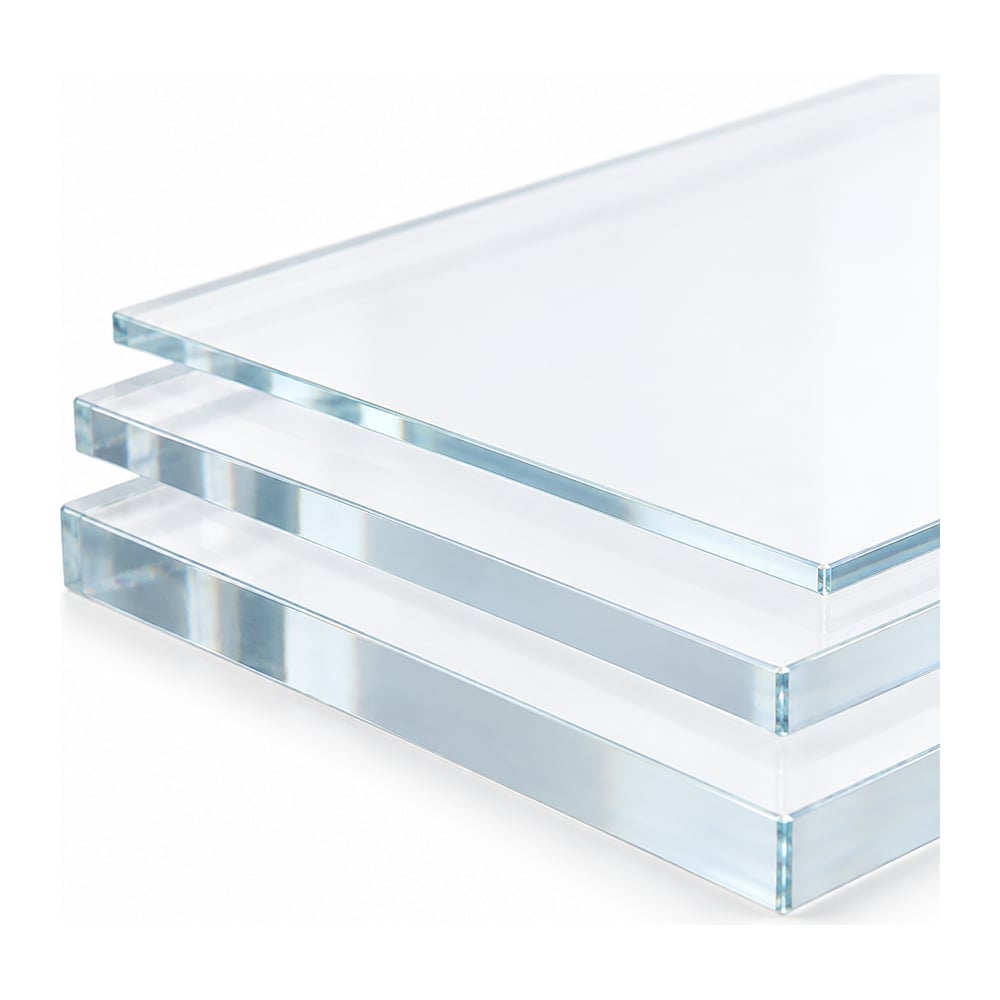 Clear solid polycarbonate sheets stacked in three thicknesses with glossy faces and crisp edges