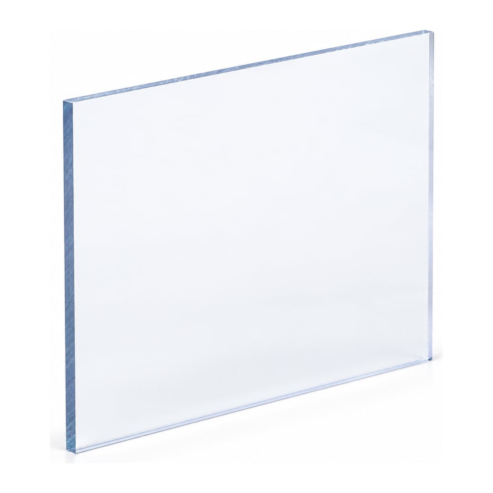 Clear optical grade polycarbonate sheet angled to show glossy surface and thin cut edge on white