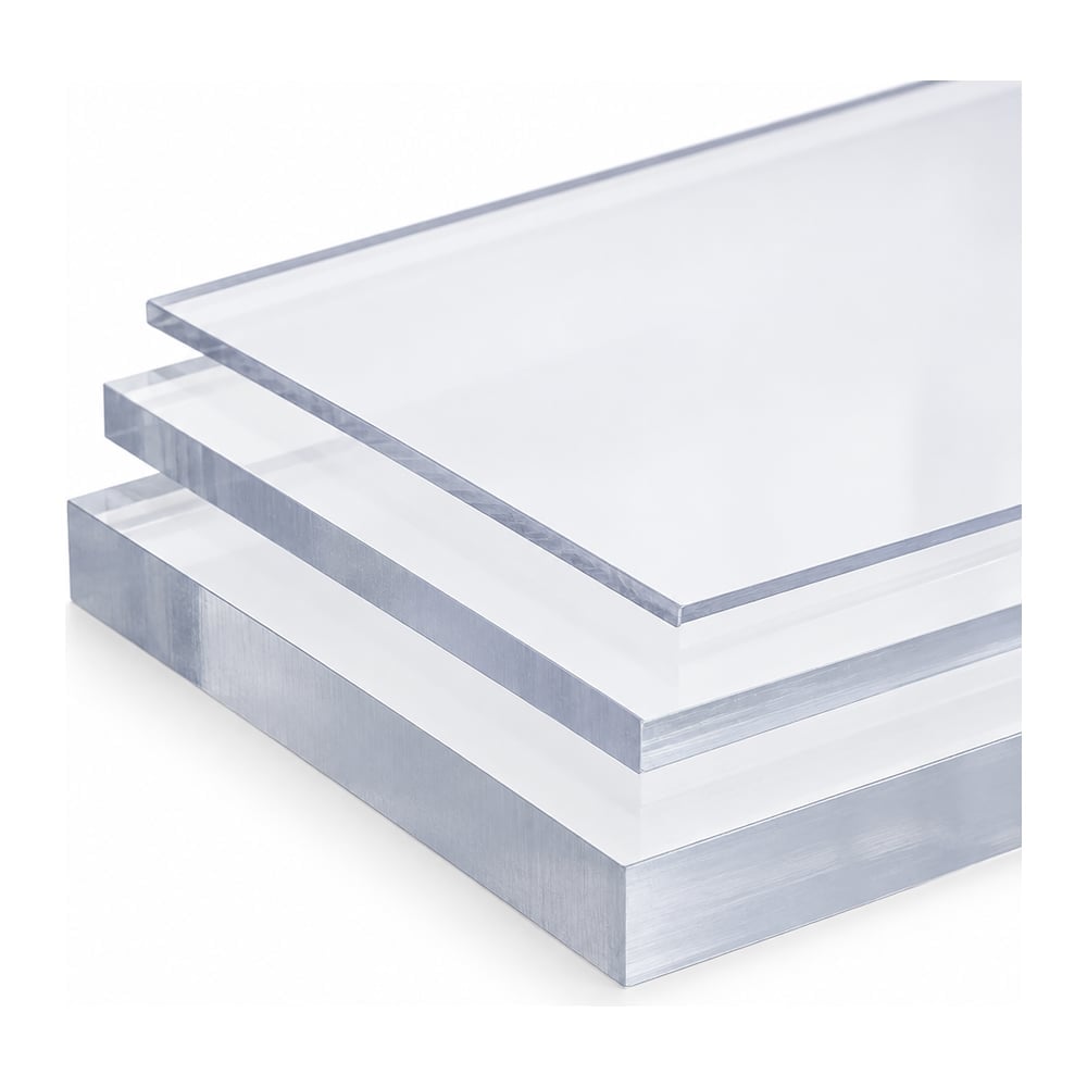 Clear static dissipative polycarbonate sheets stacked in three thicknesses, glossy, on white background