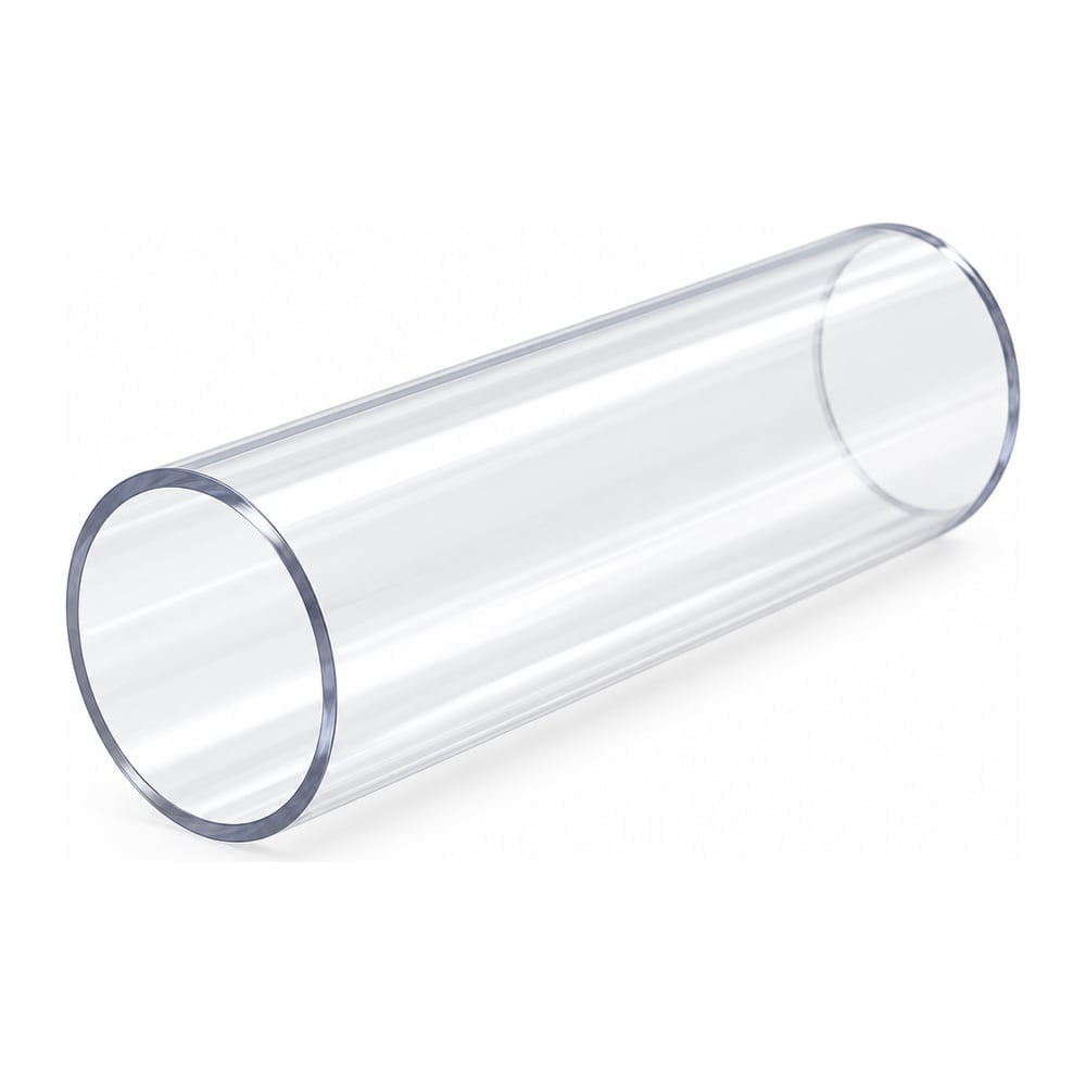 Clear extruded polycarbonate round tube with glossy surface and open bore on white background