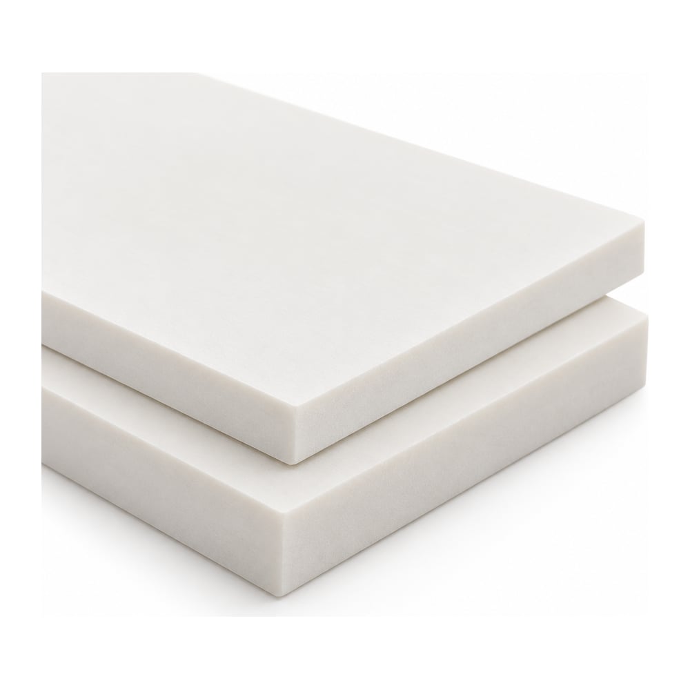 White ceramic-filled PEEK plates stacked in two thicknesses with machined edges on white background