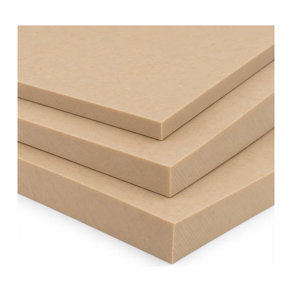 Natural tan PEEK plastic plate pieces stacked in three thicknesses on a white background