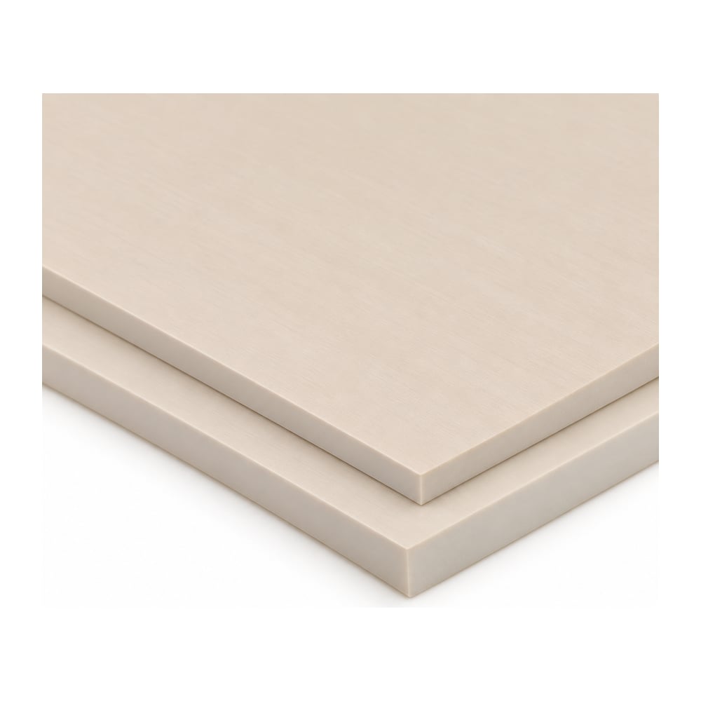White ceramic-filled PEEK calendered sheets stacked in two thicknesses with smooth finish on white