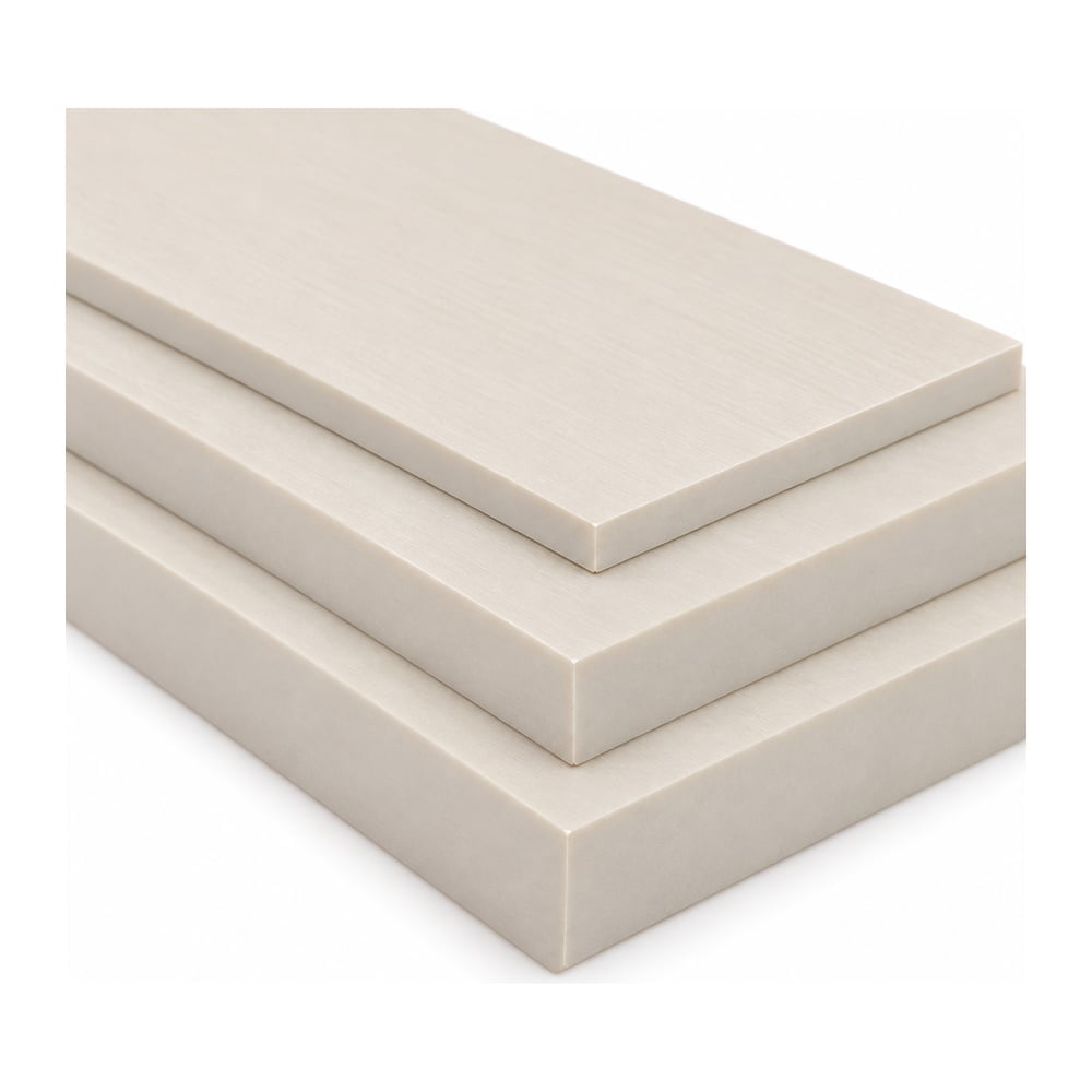 White ceramic-filled PEEK plate stock stacked in three thicknesses with matte finish, cut edges visible