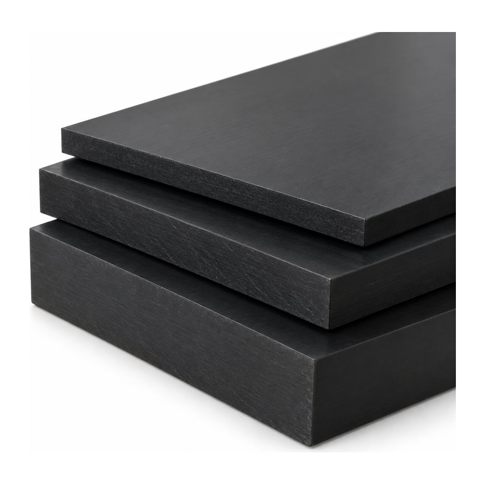 Black PEEK plastic plates stacked in three thicknesses with cut edges visible on white background
