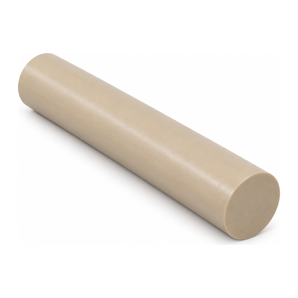 Natural tan PEEK plastic round rod with smooth semi-matte finish and cut flat end on white background