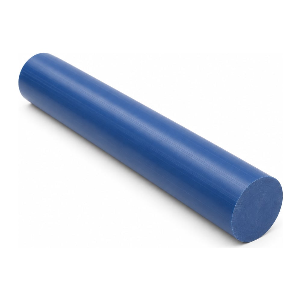 Blue metal detectable PEEK plastic round rod with cut end face on white background