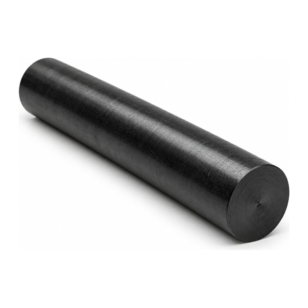 Black PEEK bearing grade round plastic rod with cut end face on white background