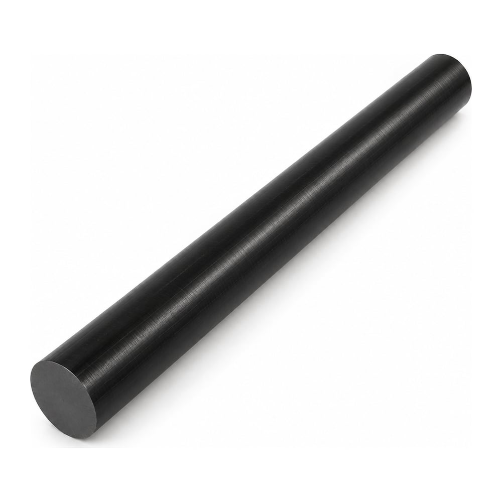 Black PEEK plastic round rod, extruded semi-gloss finish with cut end face, on white background